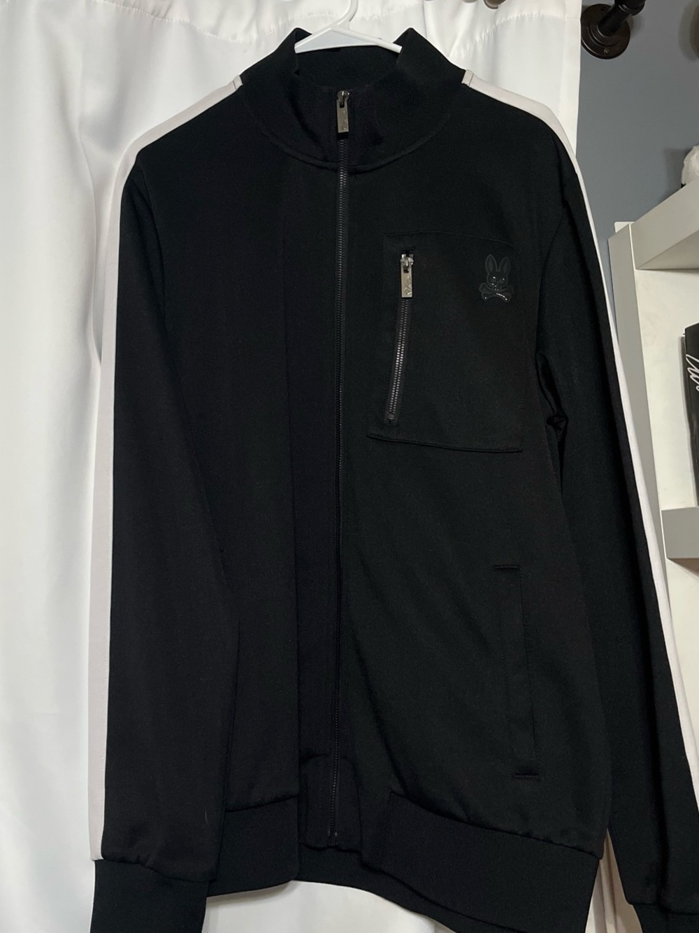 Psycho Bunny Men’s Black Zip-Up Track Jacket with White Stripes